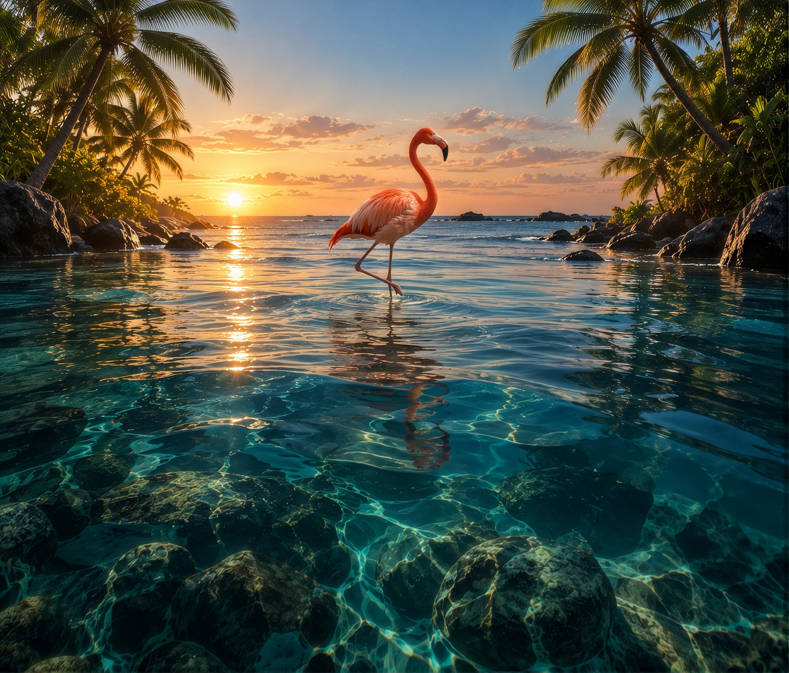 A flamingo wading across a still turquoise lagoon at sunset, framed by coconut palms