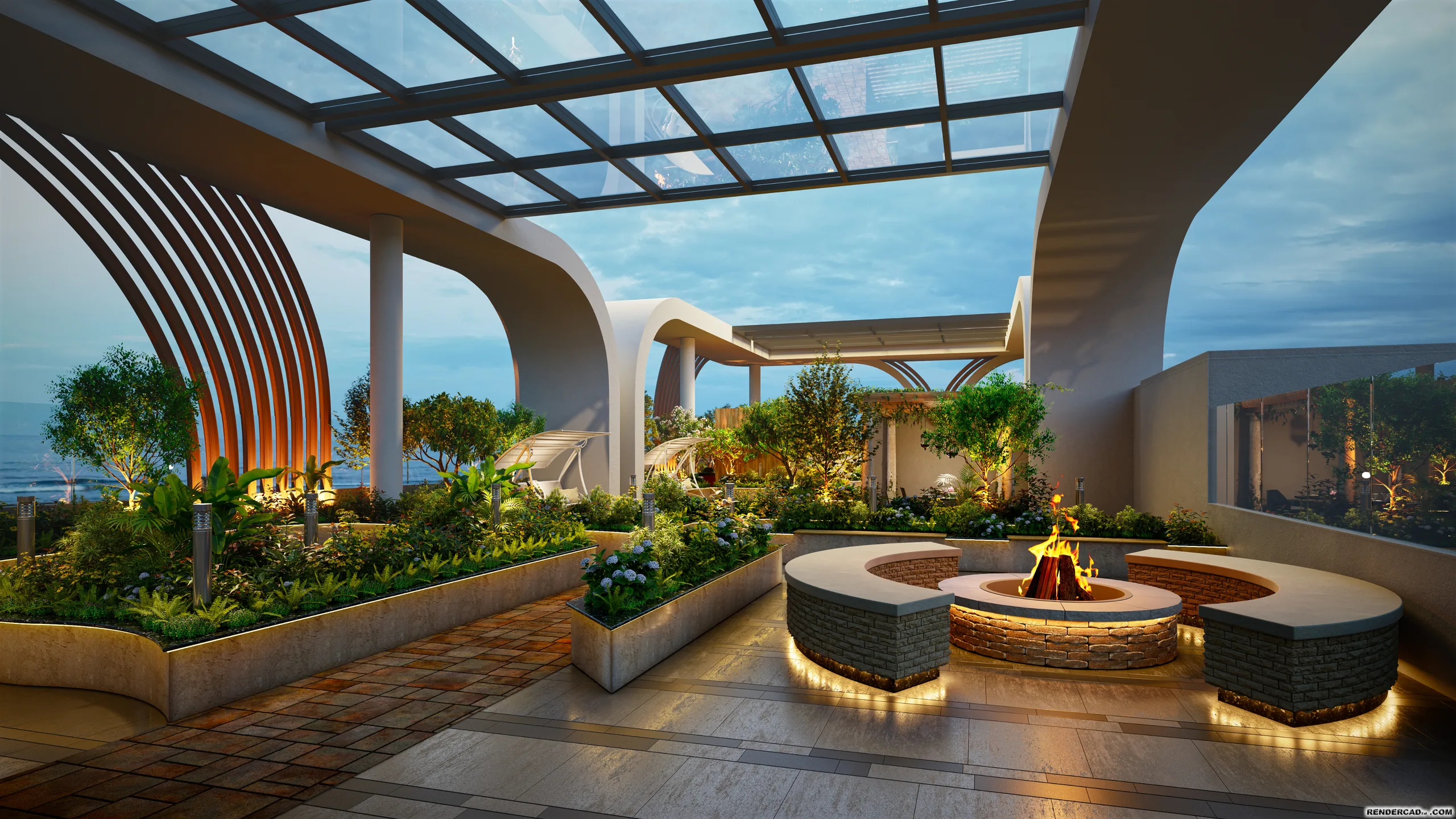 Sky bonfire sit-out with a circular fire pit, curved seating and raised planters under a glazed canopy, open to the sea