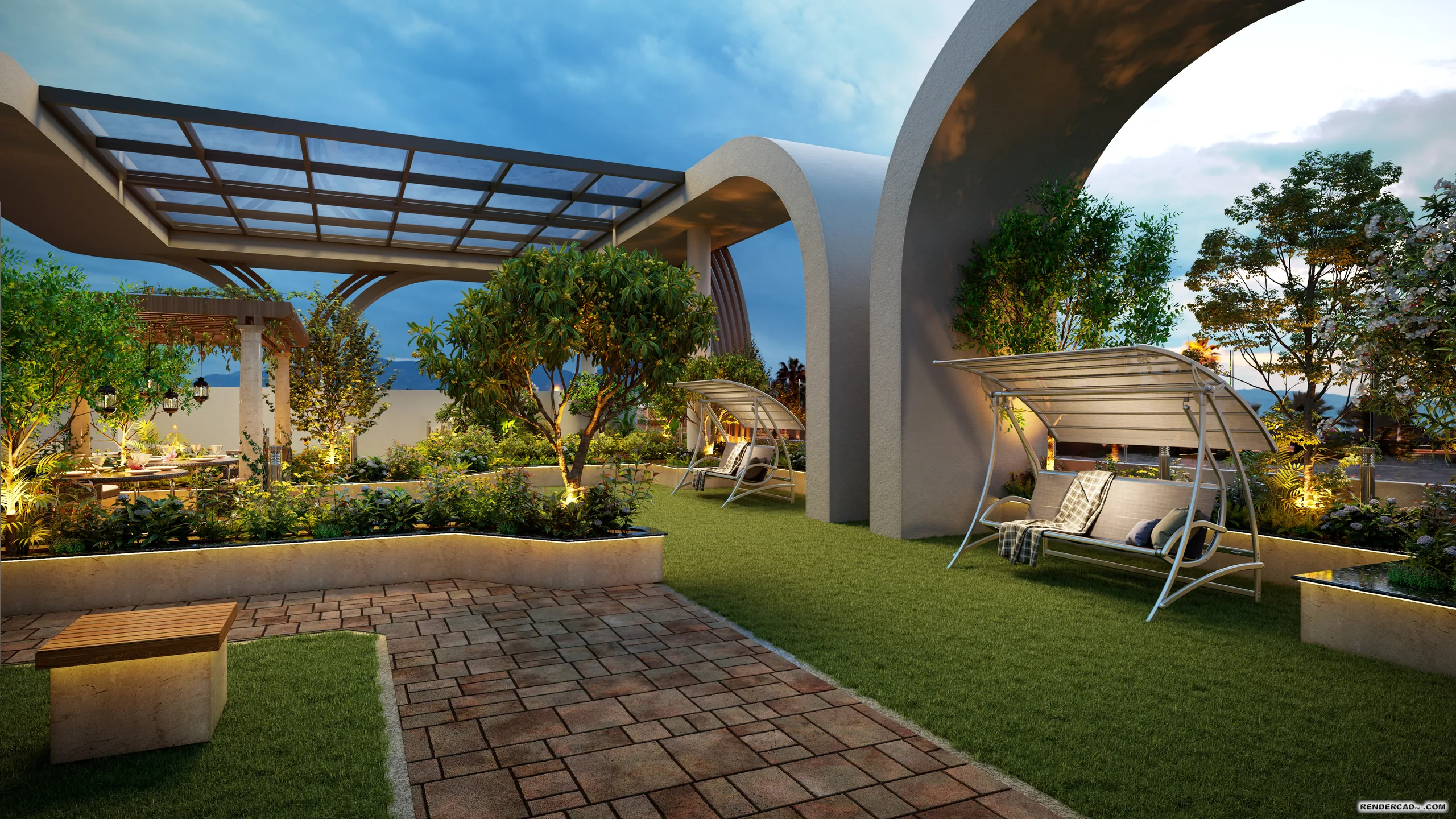 Sky party deck with a barbeque and bar zone, canopied swing seats and a lawn beneath a sculptural white arch