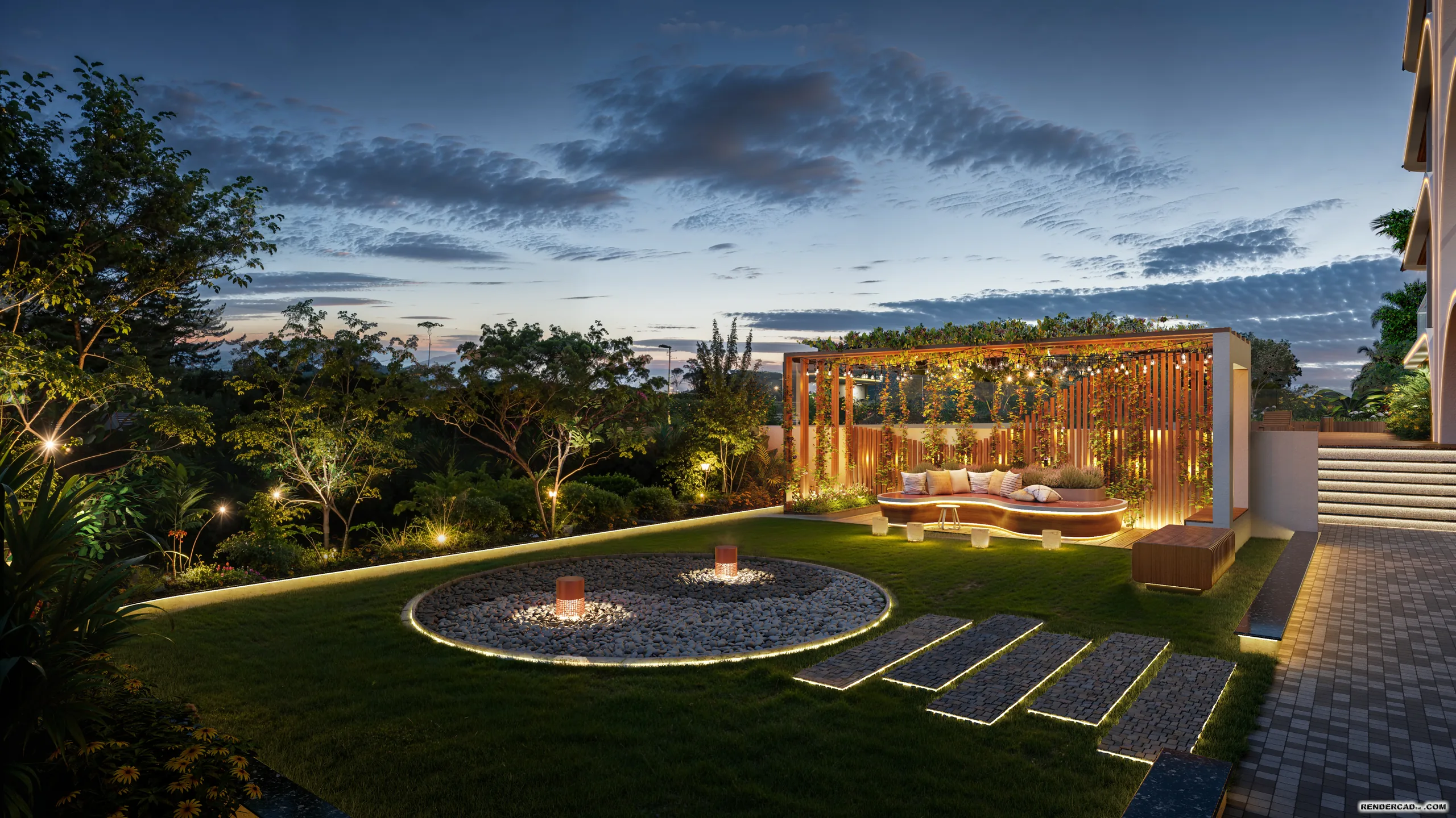 The Zen Garden at dusk: a sunken pergola lounge, a circular fire pit set in pebbles and a stepping-stone path across the lawn