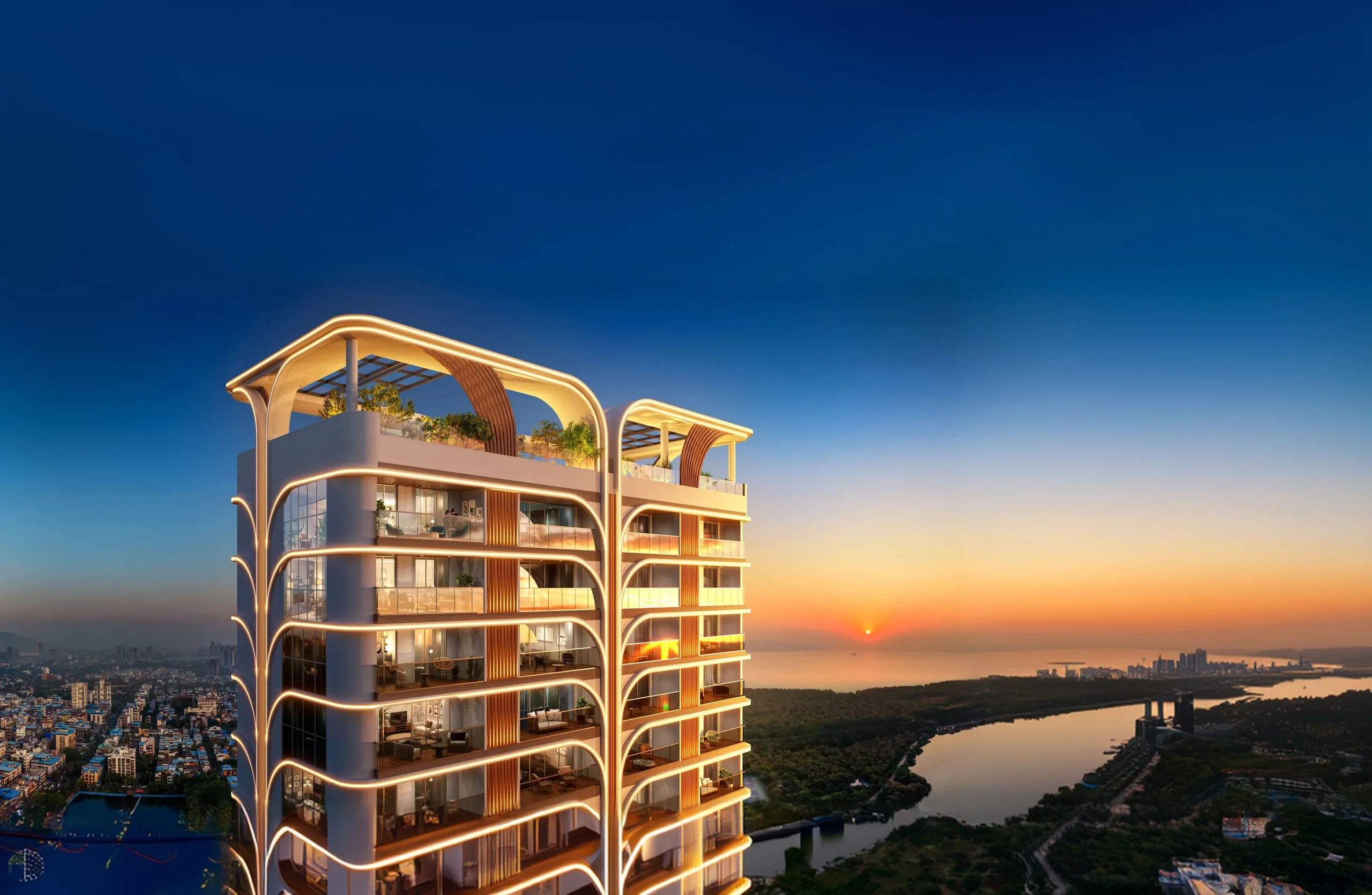 Night render of the forty-storey Sai Palm View tower lit against the Nerul skyline, with the creek and the Arabian Sea at sunset behind it.
