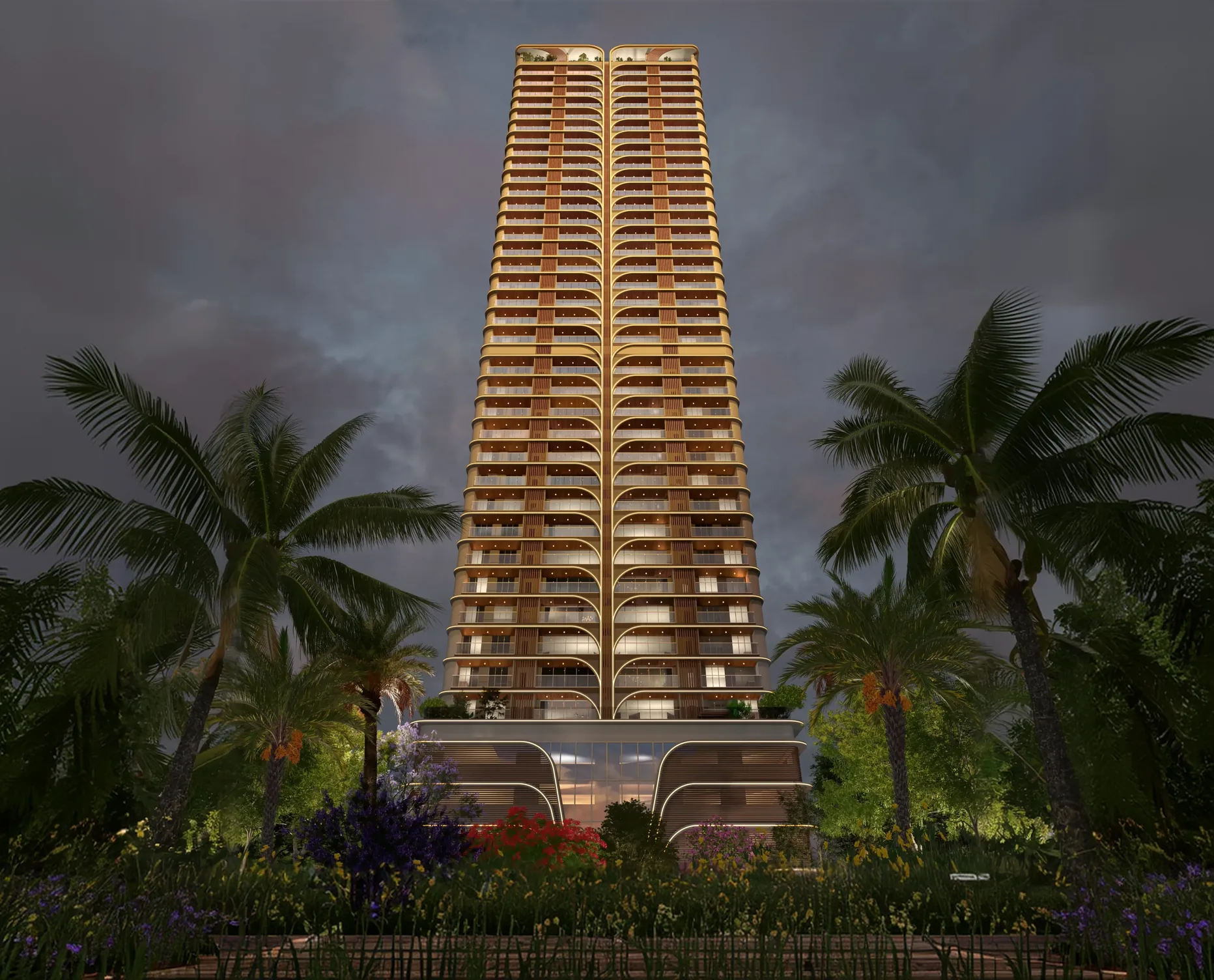 The floodlit Sai Palm View tower rising above its landscaped palm podium at dusk
