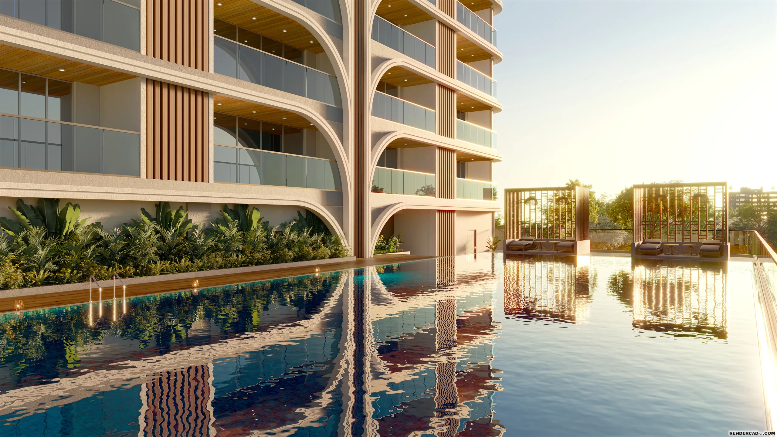 The infinity pool deck at Sai Palm View, framed by timber pergola sit-outs and the tower's arched podium