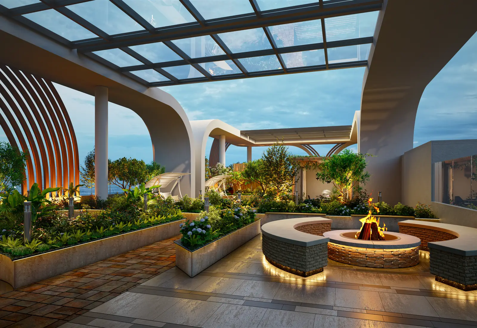 Covered terrace with a circular bonfire sit-out under an arched canopy