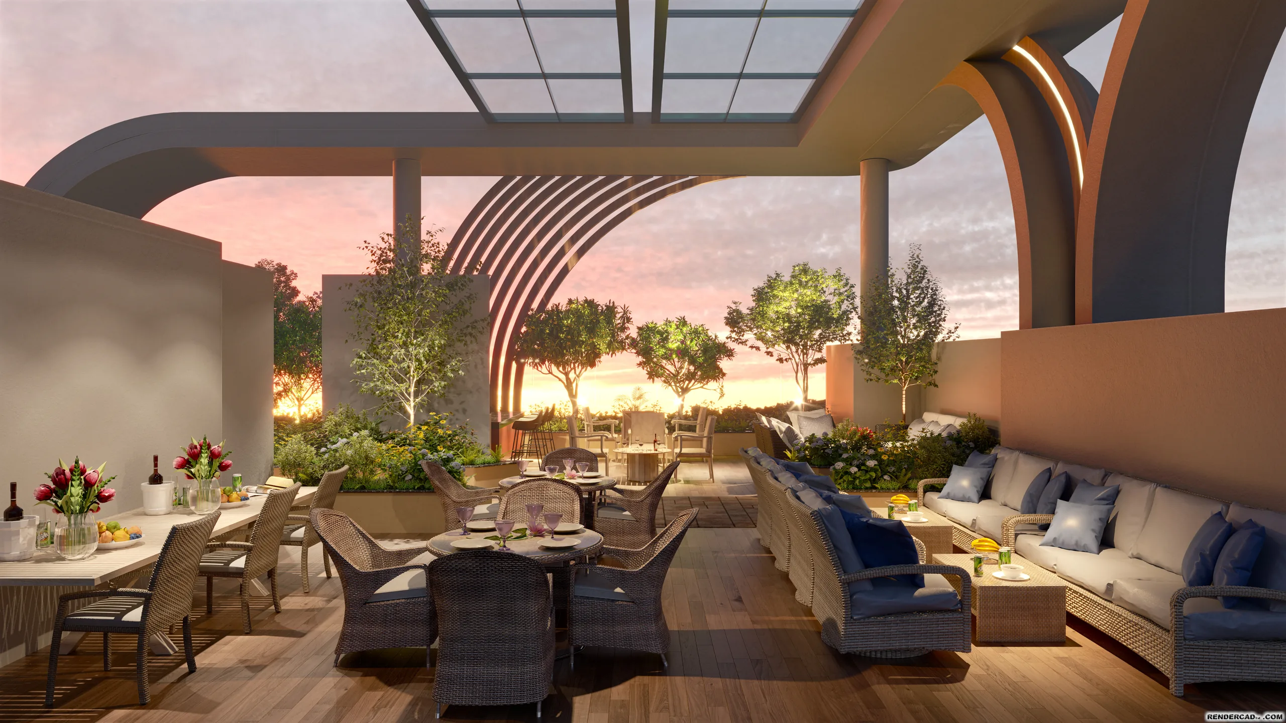 The rooftop lounge deck at Sai Palm View at sunset