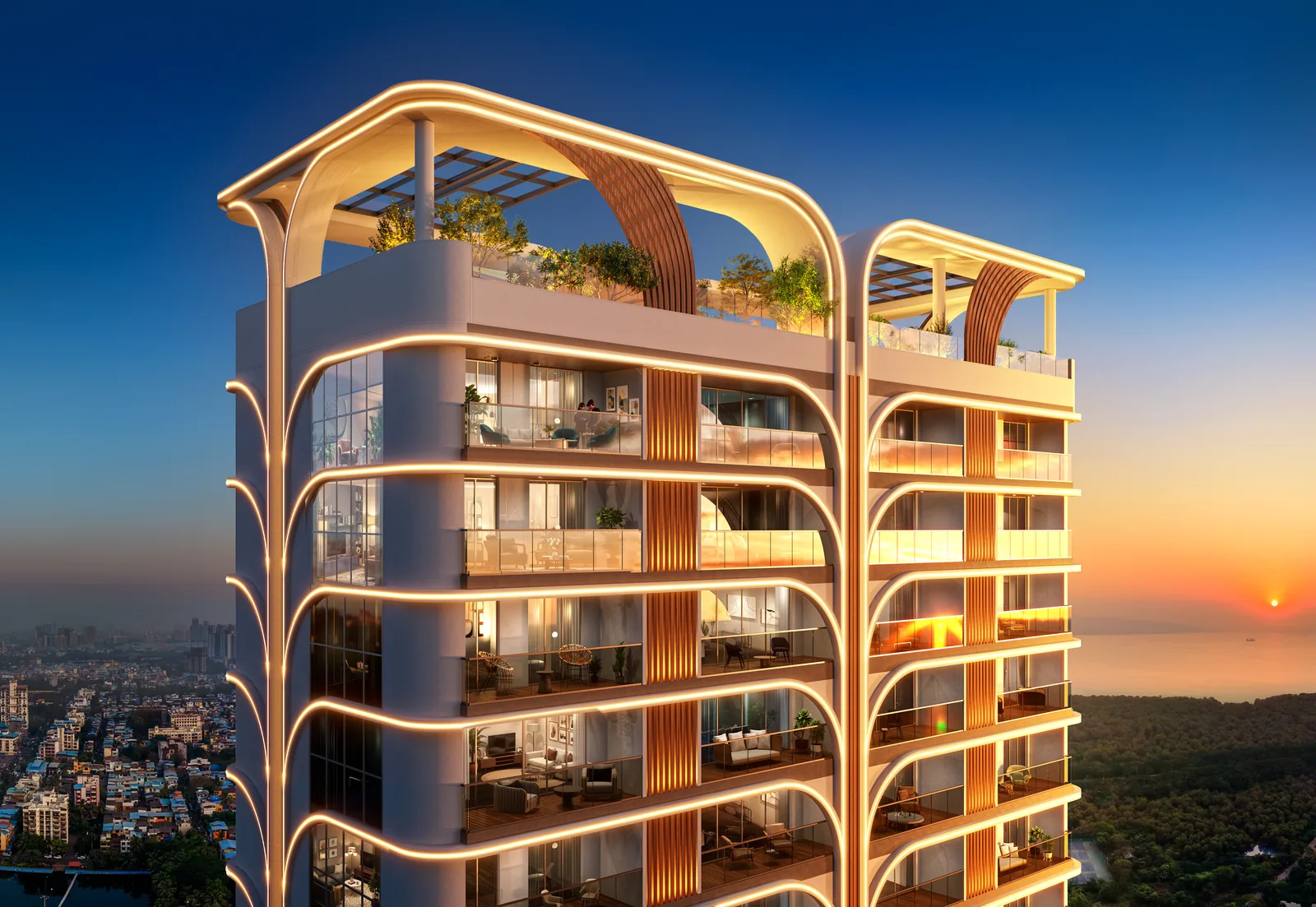 The Sai Palm View elevation at sunset, rising above the Navi Mumbai skyline