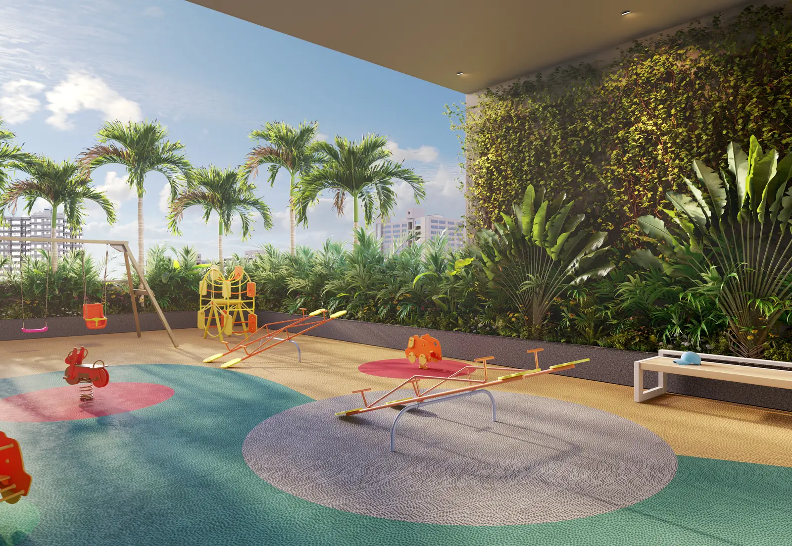 Children's play zone with a splash pool, play equipment and a green wall