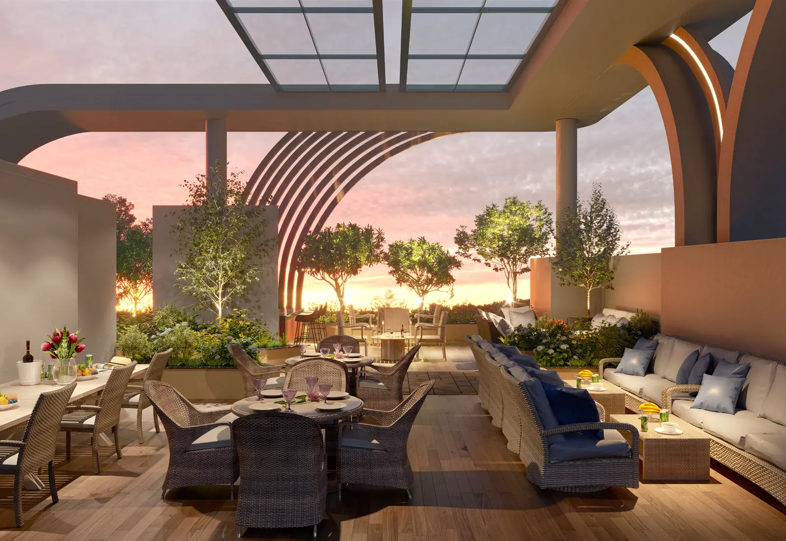 Open-air party lawn bar with lounge seating beneath the arched pergola