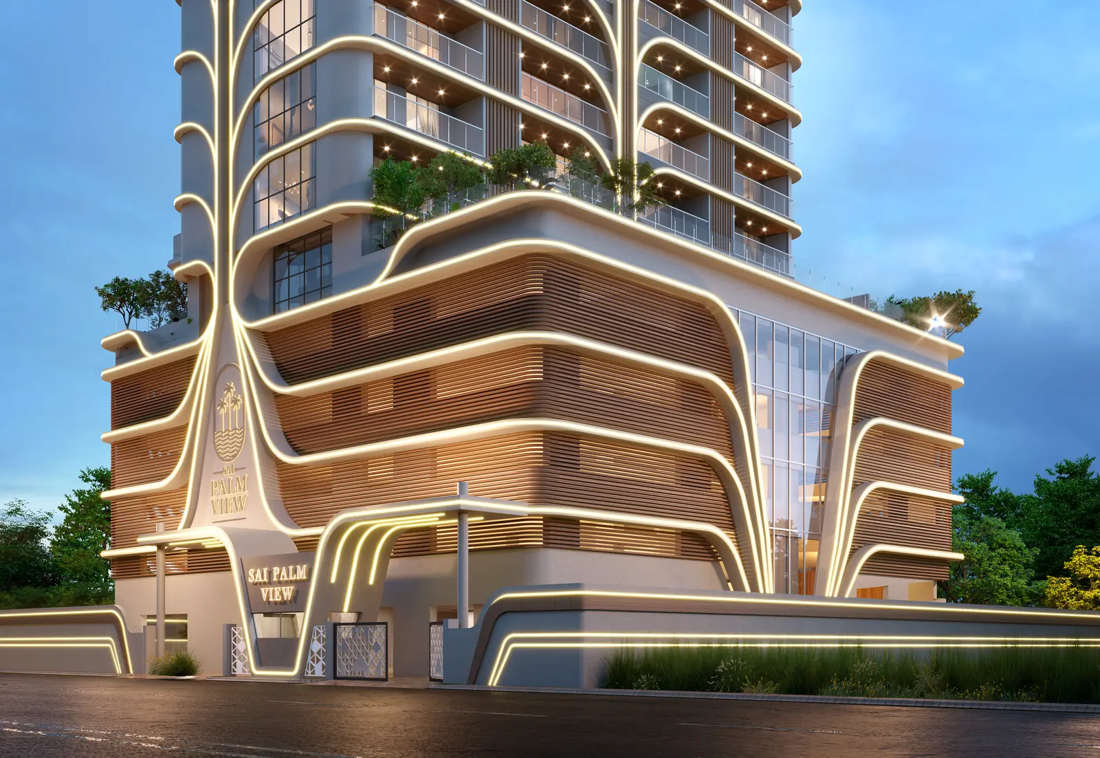 The podium levels of Sai Palm View close up, planting running along the curved balconies