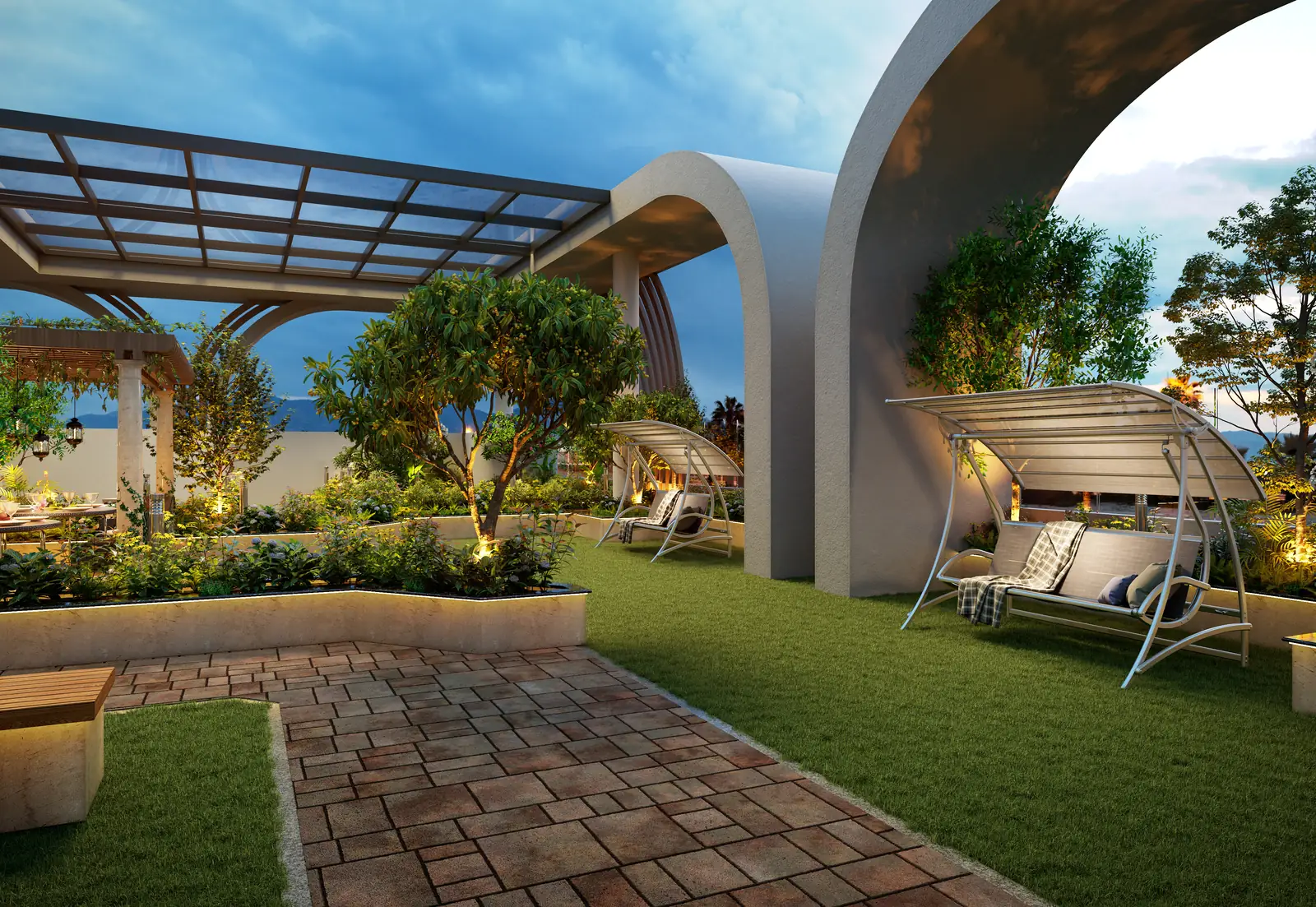 Sculpture lawn and party lawn with paved walkways and shaded daybeds