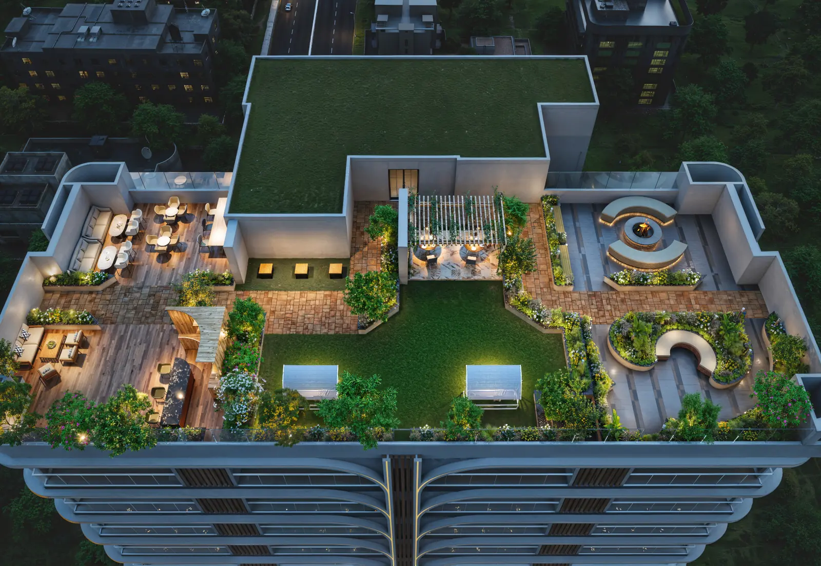 Aerial view of the landscaped terrace deck, with the pool, lawns and sit-outs laid out