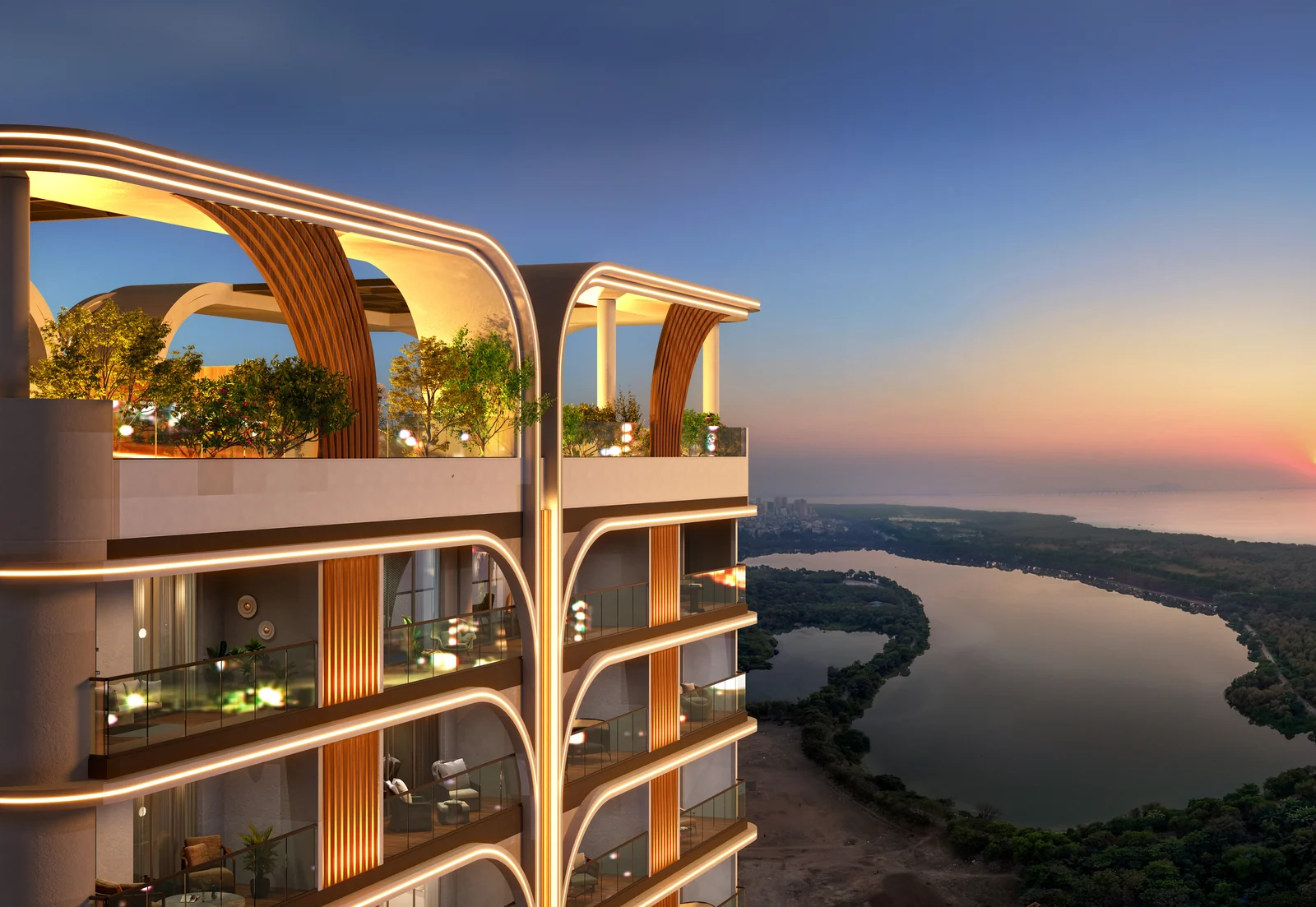 The upper balconies of Sai Palm View looking out to the Arabian Sea at dusk