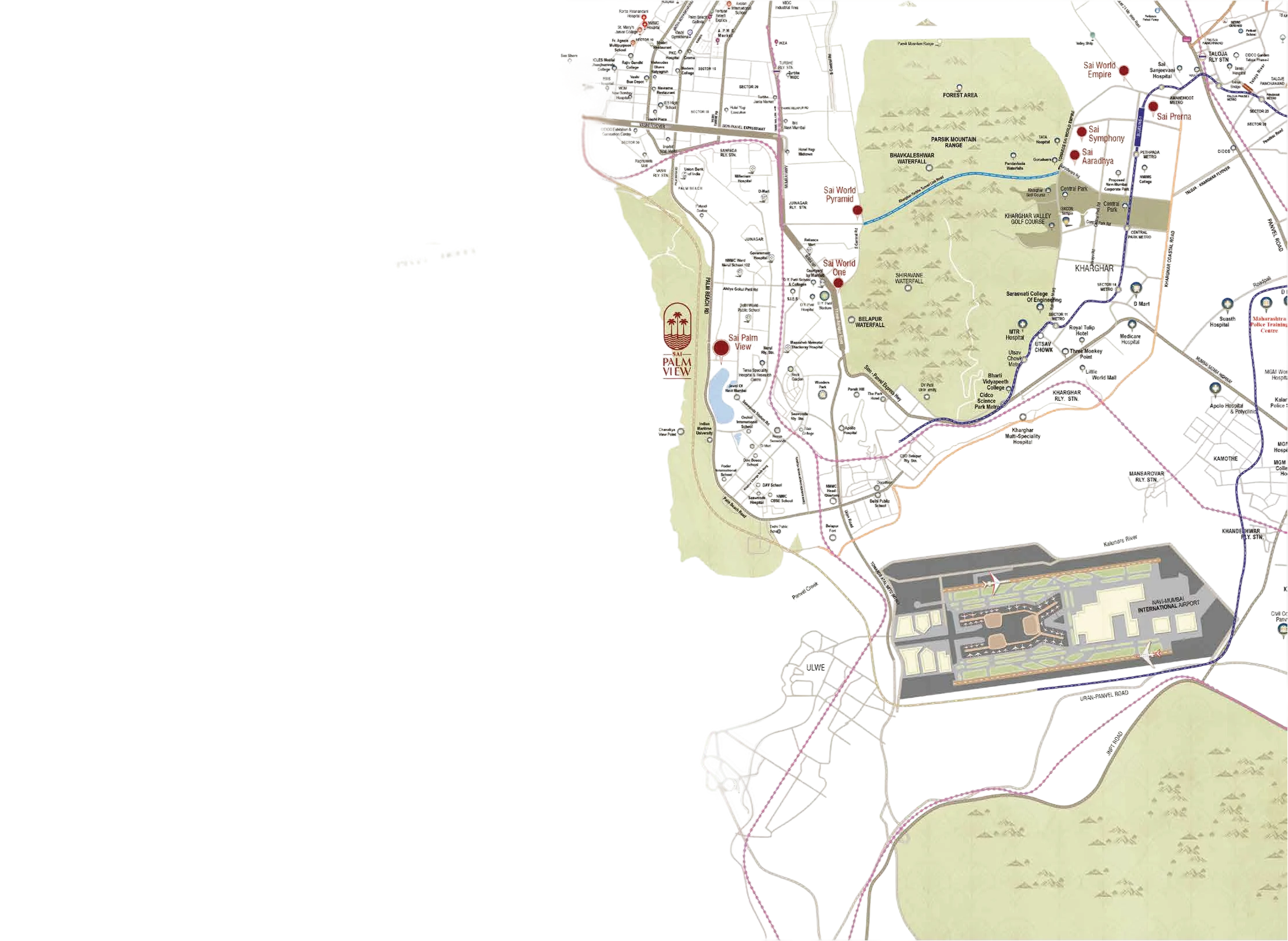 Illustrated map of Navi Mumbai locating Sai Palm View on Palm Beach Road, with Kharghar, Belapur, Ulwe, the Navi Mumbai International Airport and the Mumbai Trans-Harbour Link.