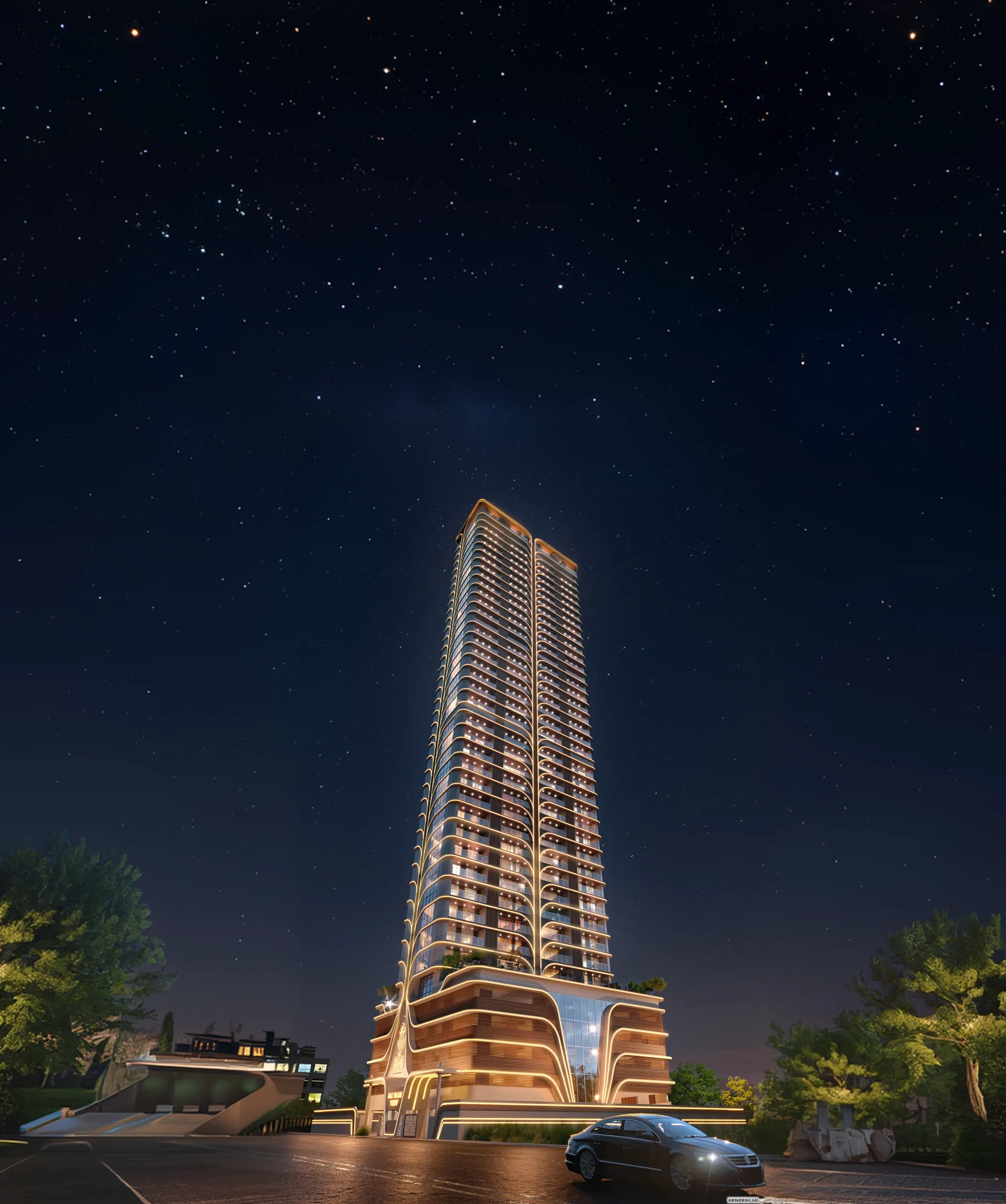 The Sai Palm View tower lit warm gold against a starry night sky, its podium and driveway glowing below.